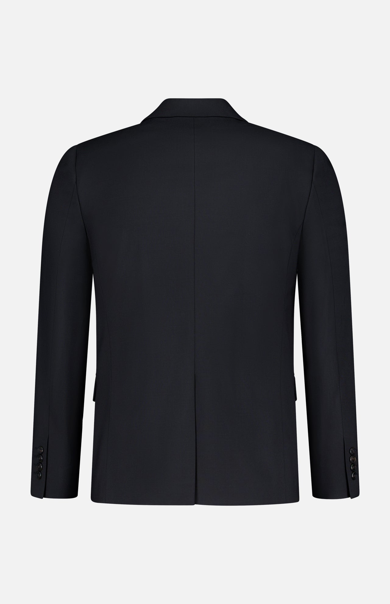 Chambers Blazer in Stretch Wool by THEORY shown from the back on a plain white background, featuring long sleeves, a center seam, and buttons on the sleeve cuffs. This expertly tailored classic wool sportcoat offers timeless sophistication.