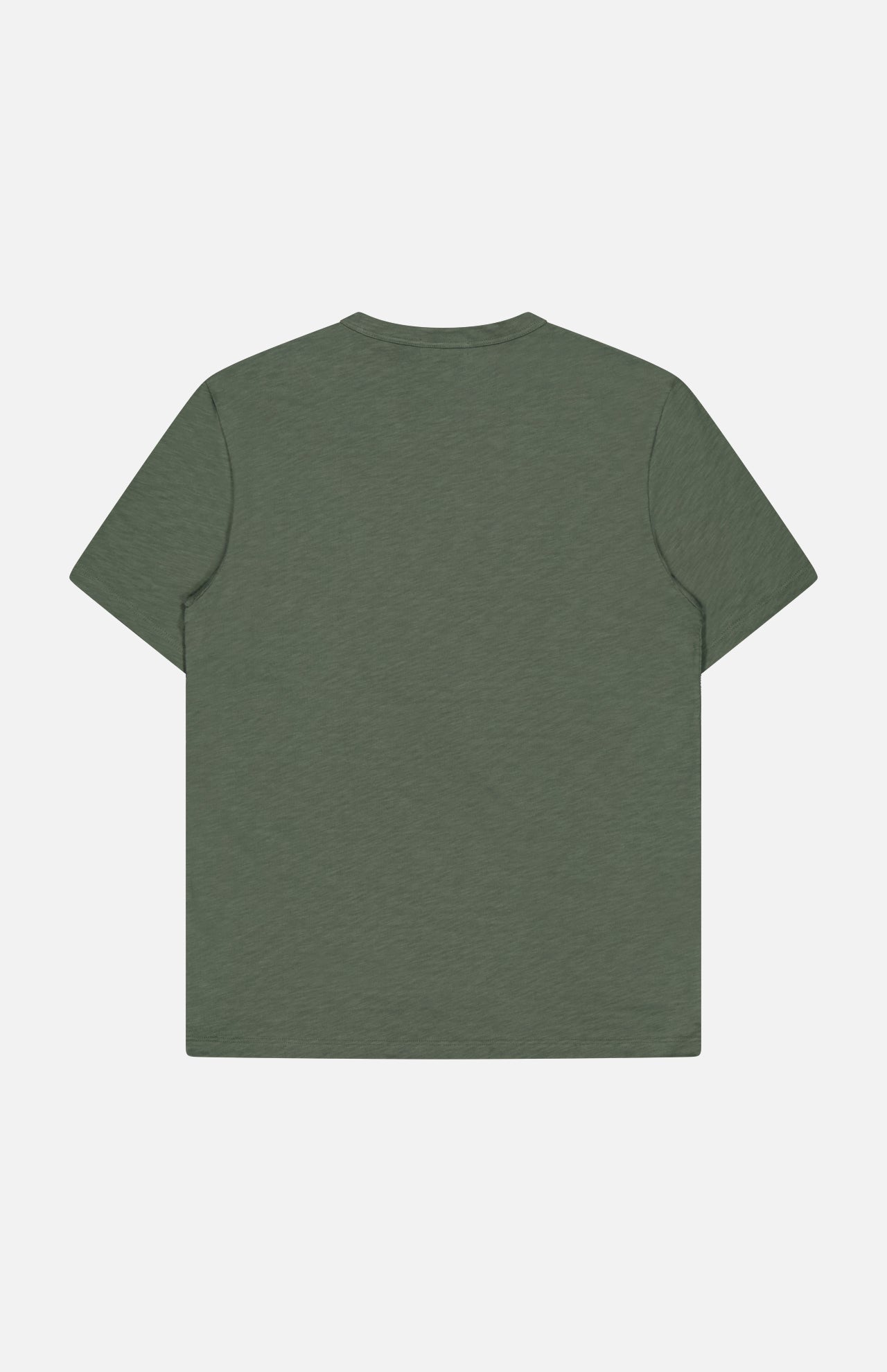The THEORY Cosmos Essential T-shirt is a plain, lightweight, olive green short-sleeve tee, shown flat with the back side up on a white background.