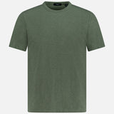 The THEORY Cosmos Essential T-shirt is a short-sleeved, crew-neck top in muted olive green, made from soft, lightweight fabric and shown on a white background.