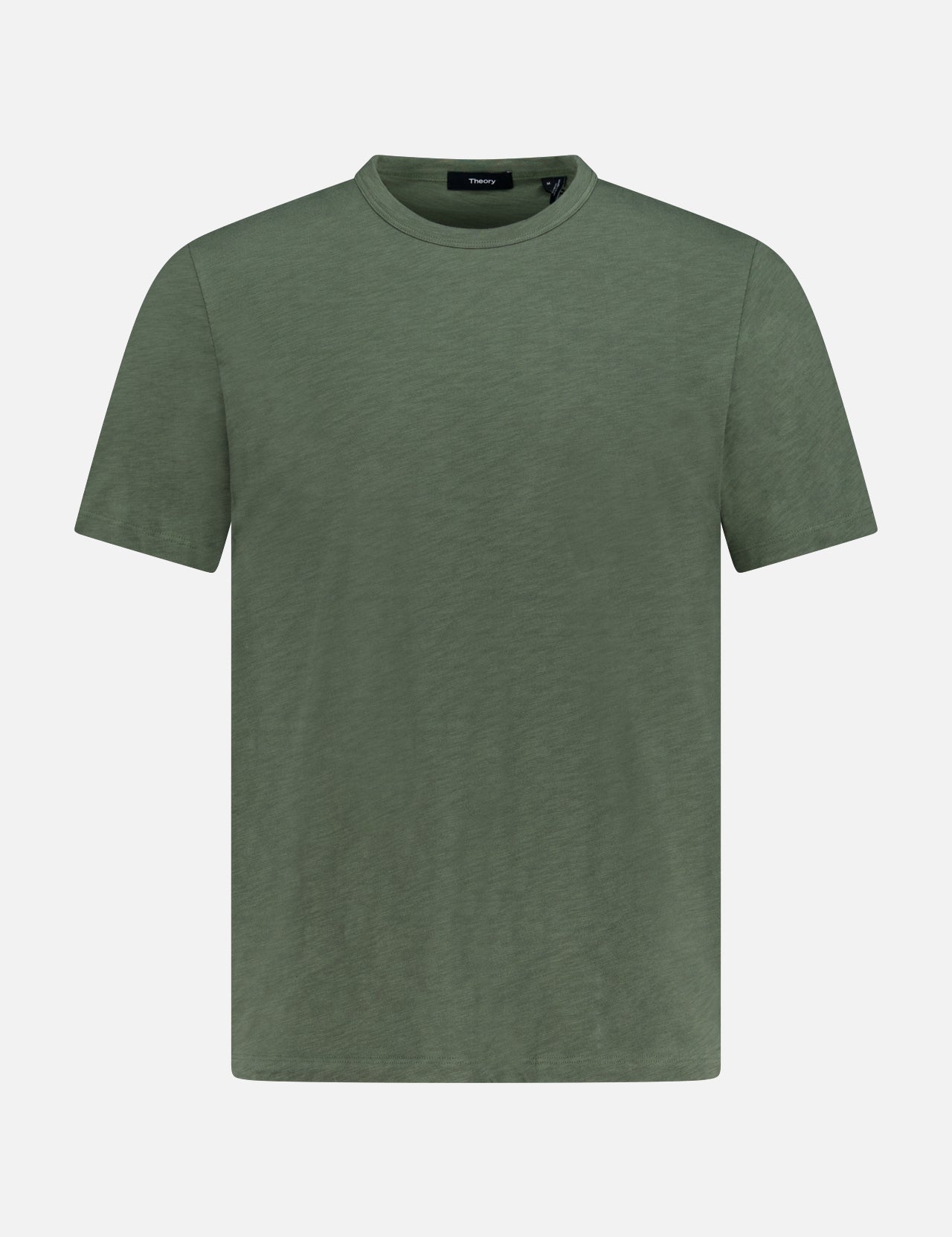The THEORY Cosmos Essential T-shirt is a short-sleeved, crew-neck top in muted olive green, made from soft, lightweight fabric and shown on a white background.