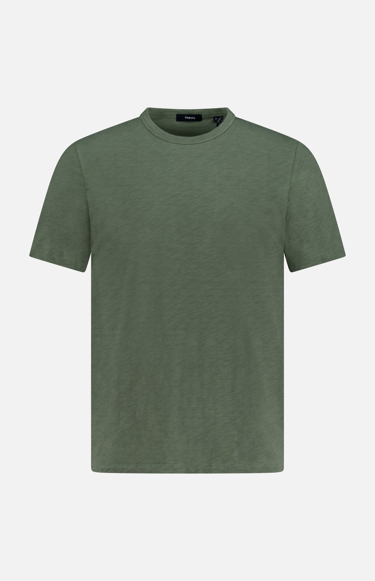 The THEORY Cosmos Essential T-shirt is a short-sleeved, crew-neck top in muted olive green, made from soft, lightweight fabric and shown on a white background.