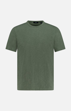 The THEORY Cosmos Essential T-shirt is a short-sleeved, crew-neck top in muted olive green, made from soft, lightweight fabric and shown on a white background.