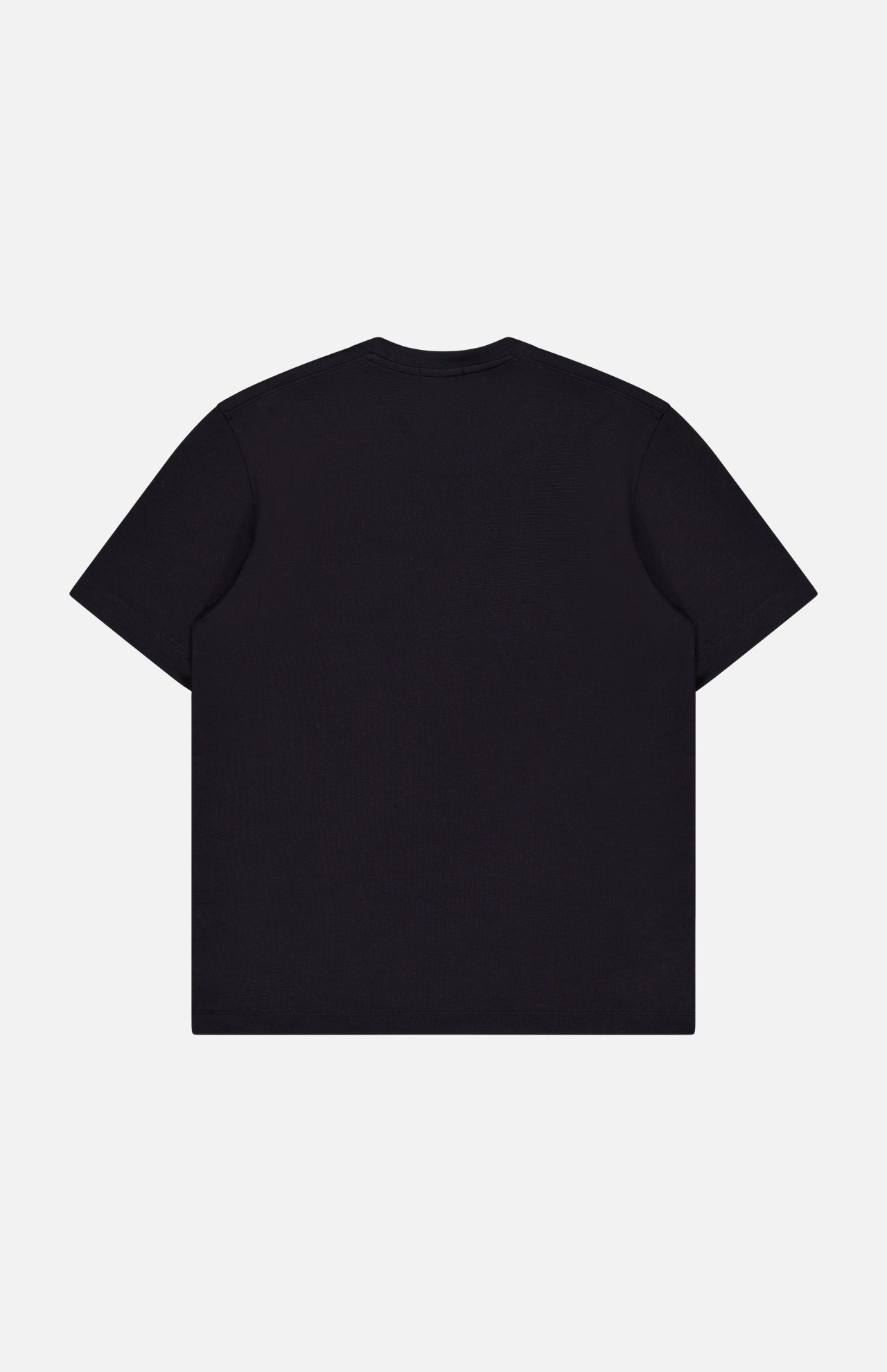 The Delroy Cotton-blend T-Shirt by THEORY, crafted from double pique jersey in plain black, is displayed flat on a white background and viewed from the back.