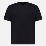 The Delroy Cotton-blend T-Shirt by THEORY is shown laid flat on a white background, featuring a plain black design with short sleeves, a round neckline, and no visible logos or designs. Crafted from double pique jersey, this t-shirt offers subtle texture and excellent stretch for all-day comfort.