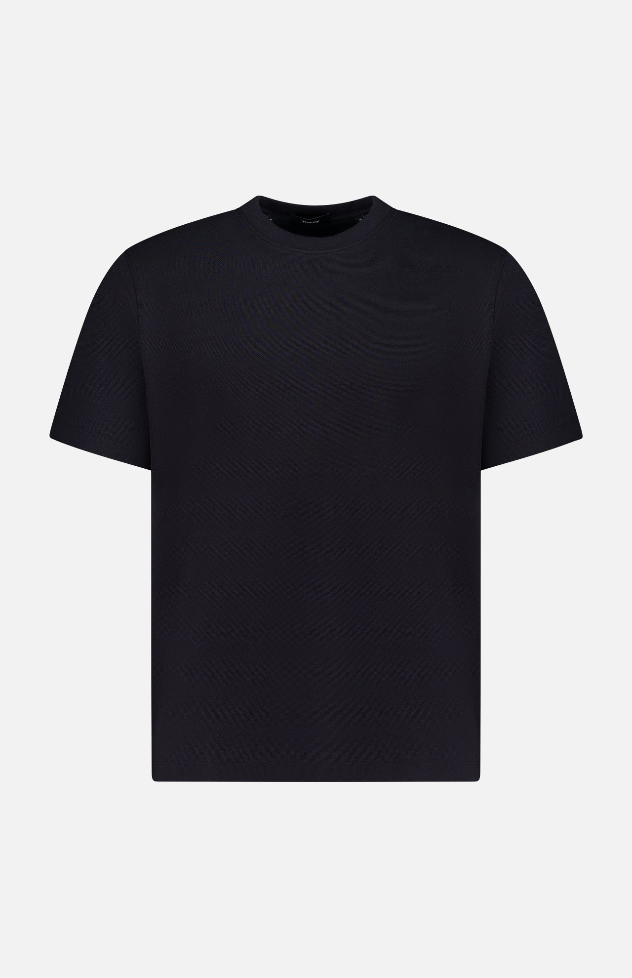 The Delroy Cotton-blend T-Shirt by THEORY is shown laid flat on a white background, featuring a plain black design with short sleeves, a round neckline, and no visible logos or designs. Crafted from double pique jersey, this t-shirt offers subtle texture and excellent stretch for all-day comfort.