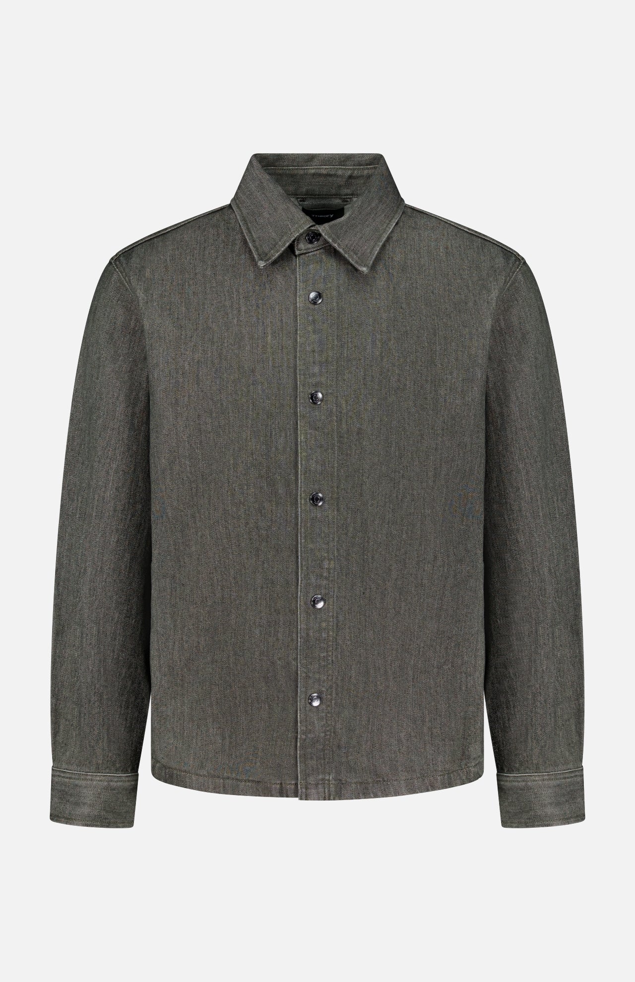 The THEORY Denim Snap-front Overshirt is a long-sleeve, button-up shirt jacket crafted from faded dark gray stretch-cotton denim. Featuring a pointed collar, chest pocket, and a simple, clean design, it serves as an ideal lightweight jacket for versatile layering.