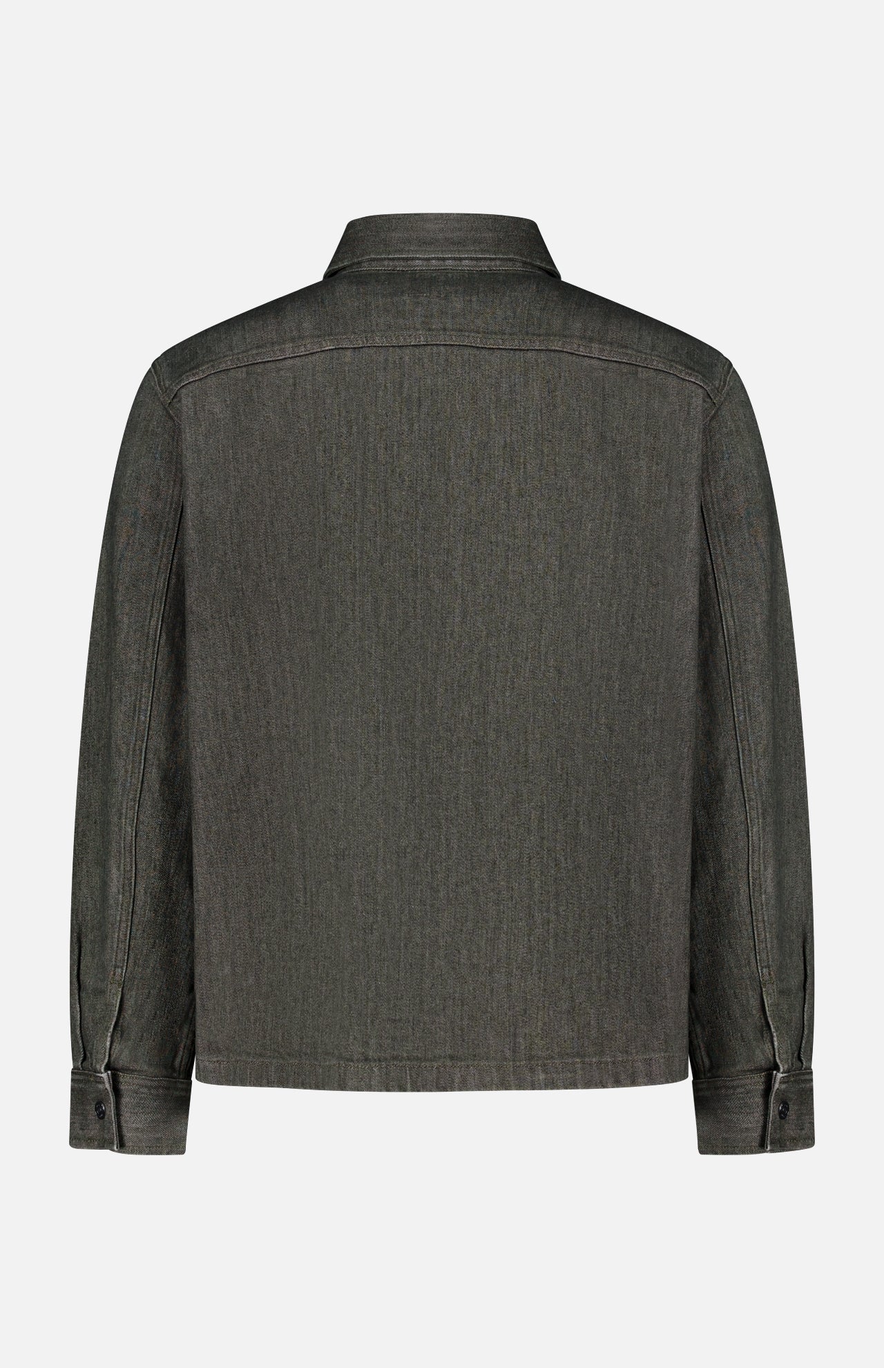Back view of the THEORY Denim Snap-front Overshirt in dark gray stretch-cotton denim, featuring long sleeves, buttoned cuffs, and a straight hem, displayed on a plain white background.