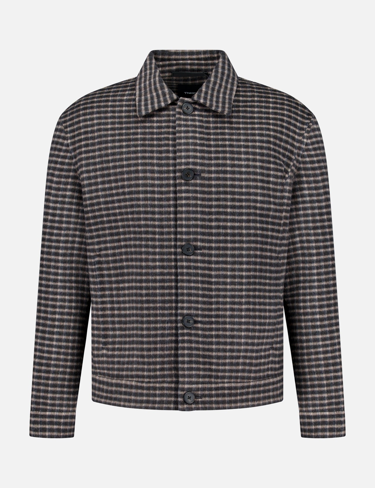 The THEORY Double Face Wool Short Jacket is a men’s outerwear piece with long sleeves, a button-up front, and a collared neckline. Crafted in dark brown with a classic wool check pattern in brown, black, and white, this jacket features a straight hem and offers a simple, timeless design.