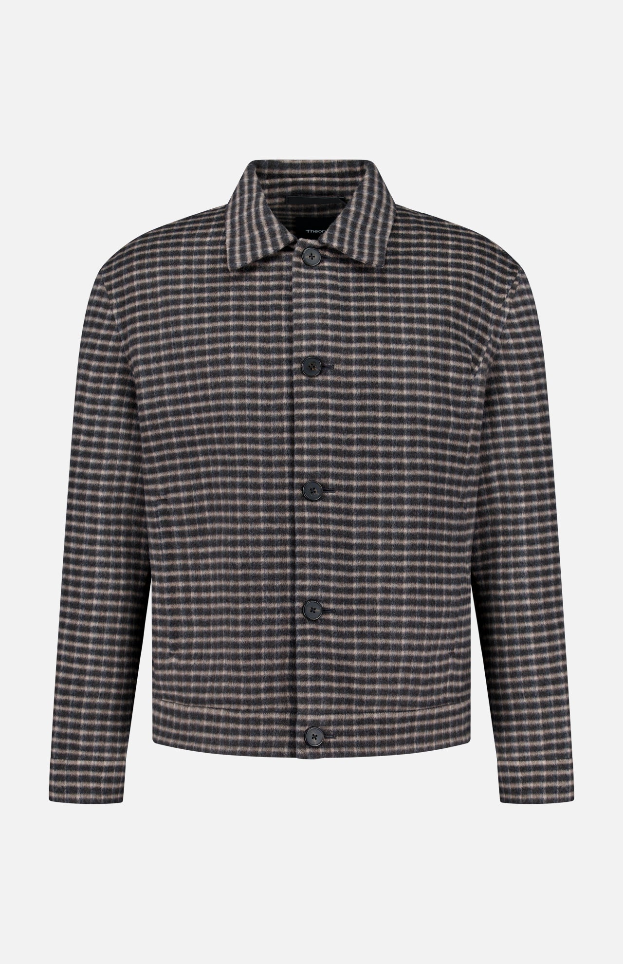 The THEORY Double Face Wool Short Jacket is a men’s outerwear piece with long sleeves, a button-up front, and a collared neckline. Crafted in dark brown with a classic wool check pattern in brown, black, and white, this jacket features a straight hem and offers a simple, timeless design.