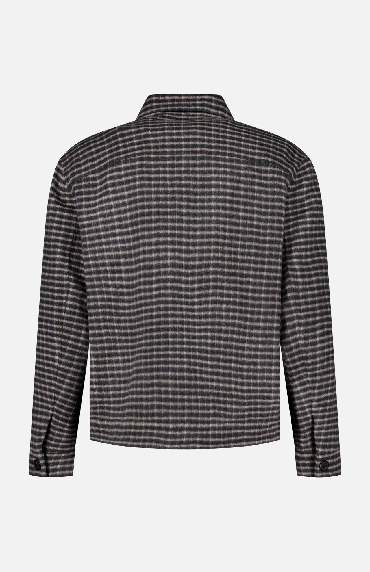 A back view of the THEORY Double Face Wool Short Jacket, a long-sleeved men’s outerwear piece with a collared neckline and a classic black and gray plaid check pattern. This dark brown jacket features buttoned cuffs and a straight hem, offering timeless style.