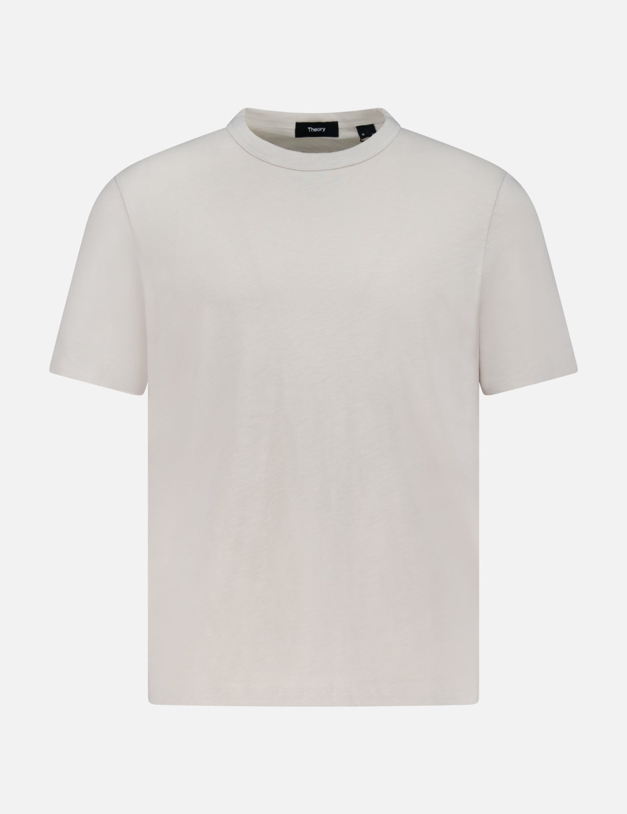 The Essential Cosmo T-shirt by THEORY, a plain short-sleeved crew neck white lightweight jersey tee, is displayed on a white background.