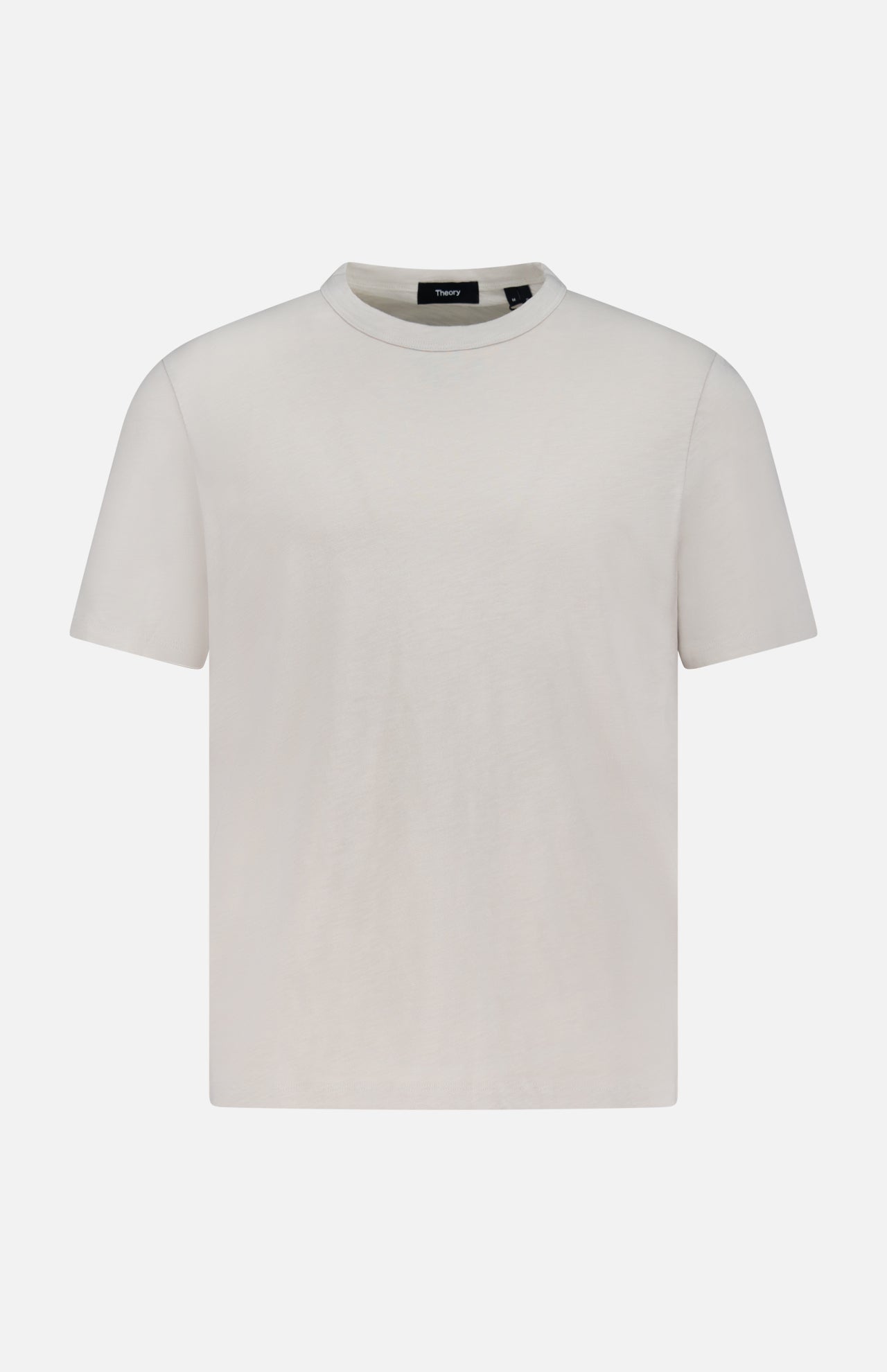 The Essential Cosmo T-shirt by THEORY, a plain short-sleeved crew neck white lightweight jersey tee, is displayed on a white background.