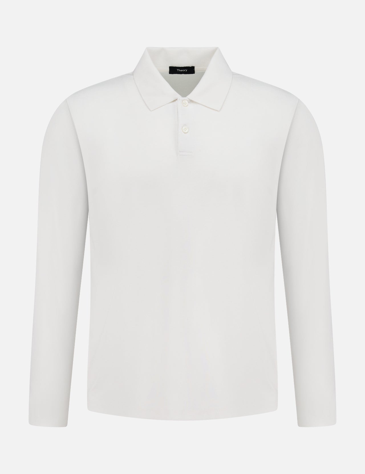 The THEORY Goris Long Sleeve Polo Shirt is a classic plain white top with a collar and two buttons, shown on a white background.