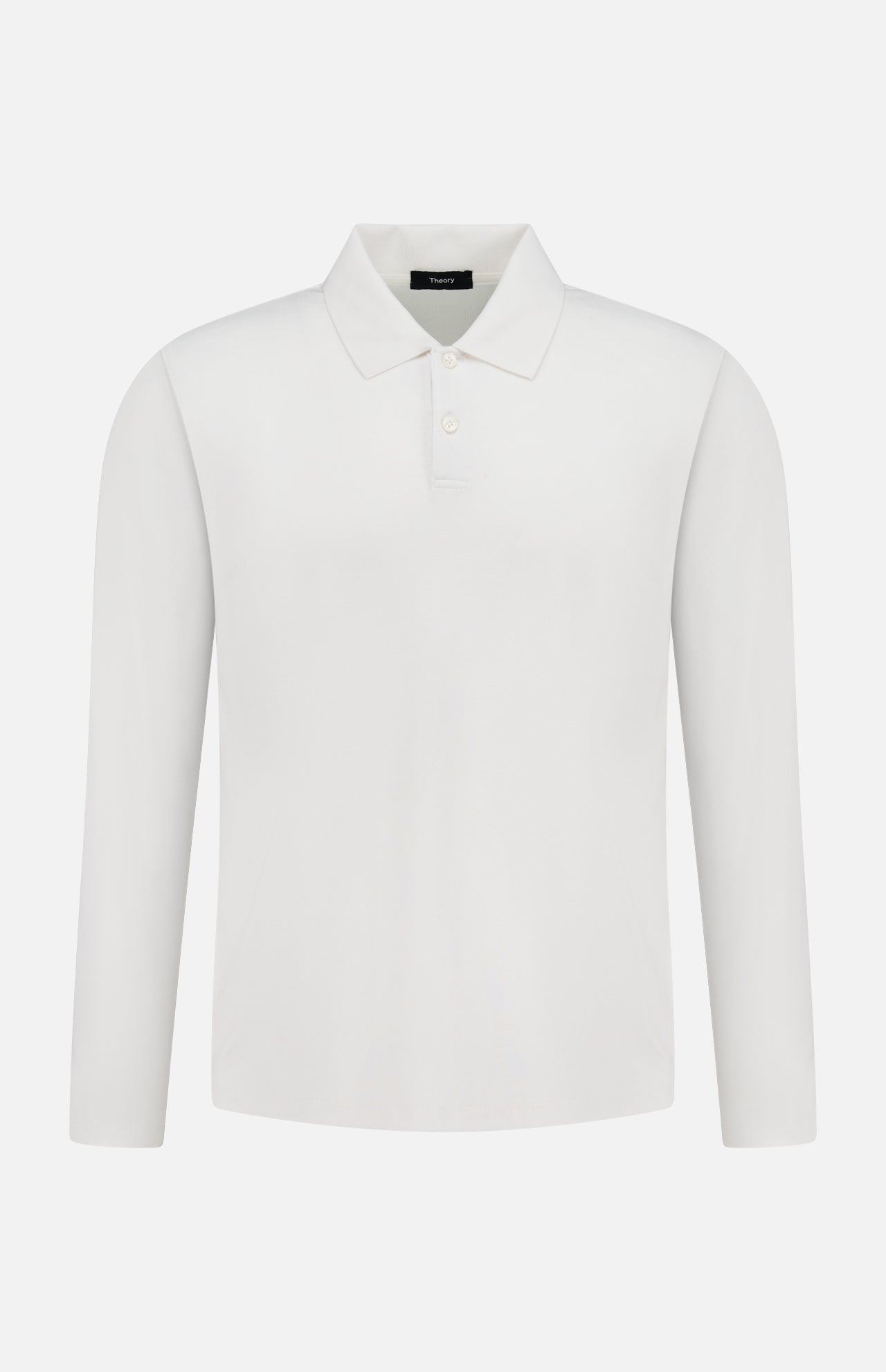 The THEORY Goris Long Sleeve Polo Shirt is a classic plain white top with a collar and two buttons, shown on a white background.