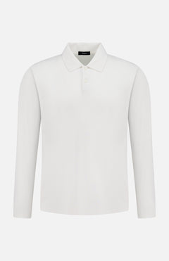 The THEORY Goris Long Sleeve Polo Shirt is a classic plain white top with a collar and two buttons, shown on a white background.