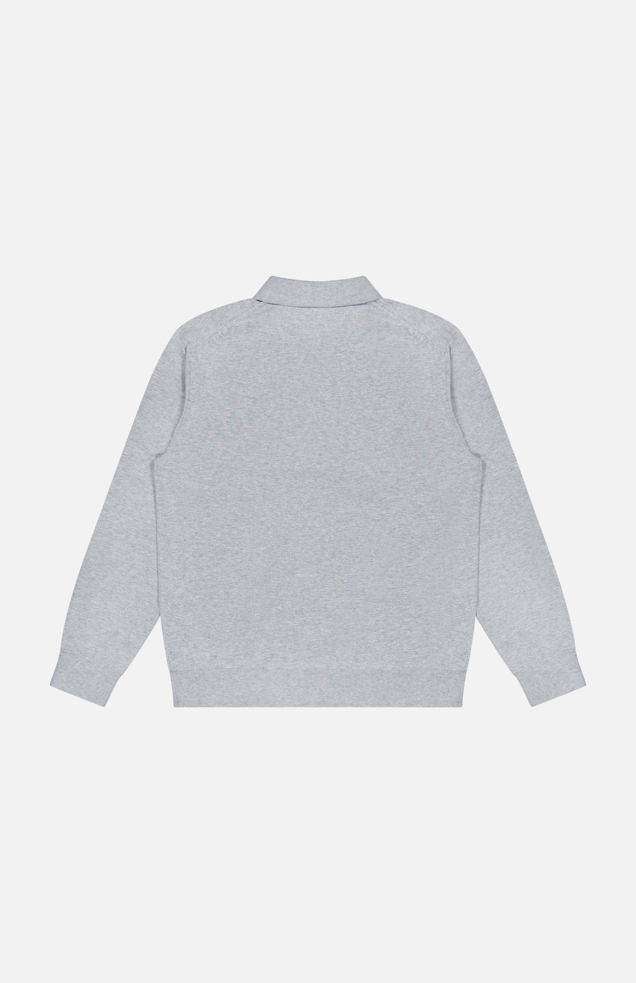 The Goris Long Sleeve Polo Sweater by THEORY is displayed from the back, showcasing its light gray color, classic collar, and minimalist plain design with no visible logos, patterns, or embellishments. The knit top is laid flat against a white background.