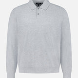 The THEORY Goris Long Sleeve Polo Sweater is showcased against a plain white background, featuring a light gray color, classic collar, and two-button design.