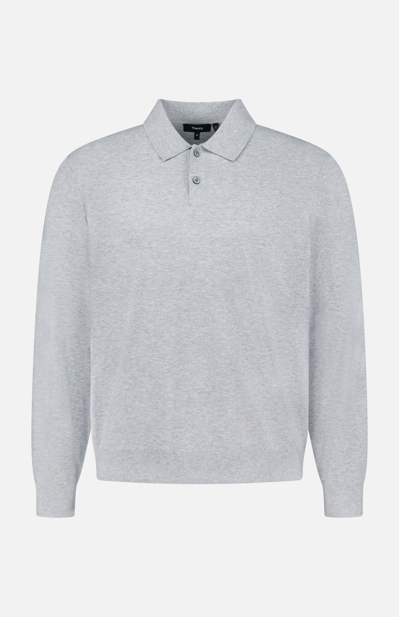 The THEORY Goris Long Sleeve Polo Sweater is showcased against a plain white background, featuring a light gray color, classic collar, and two-button design.
