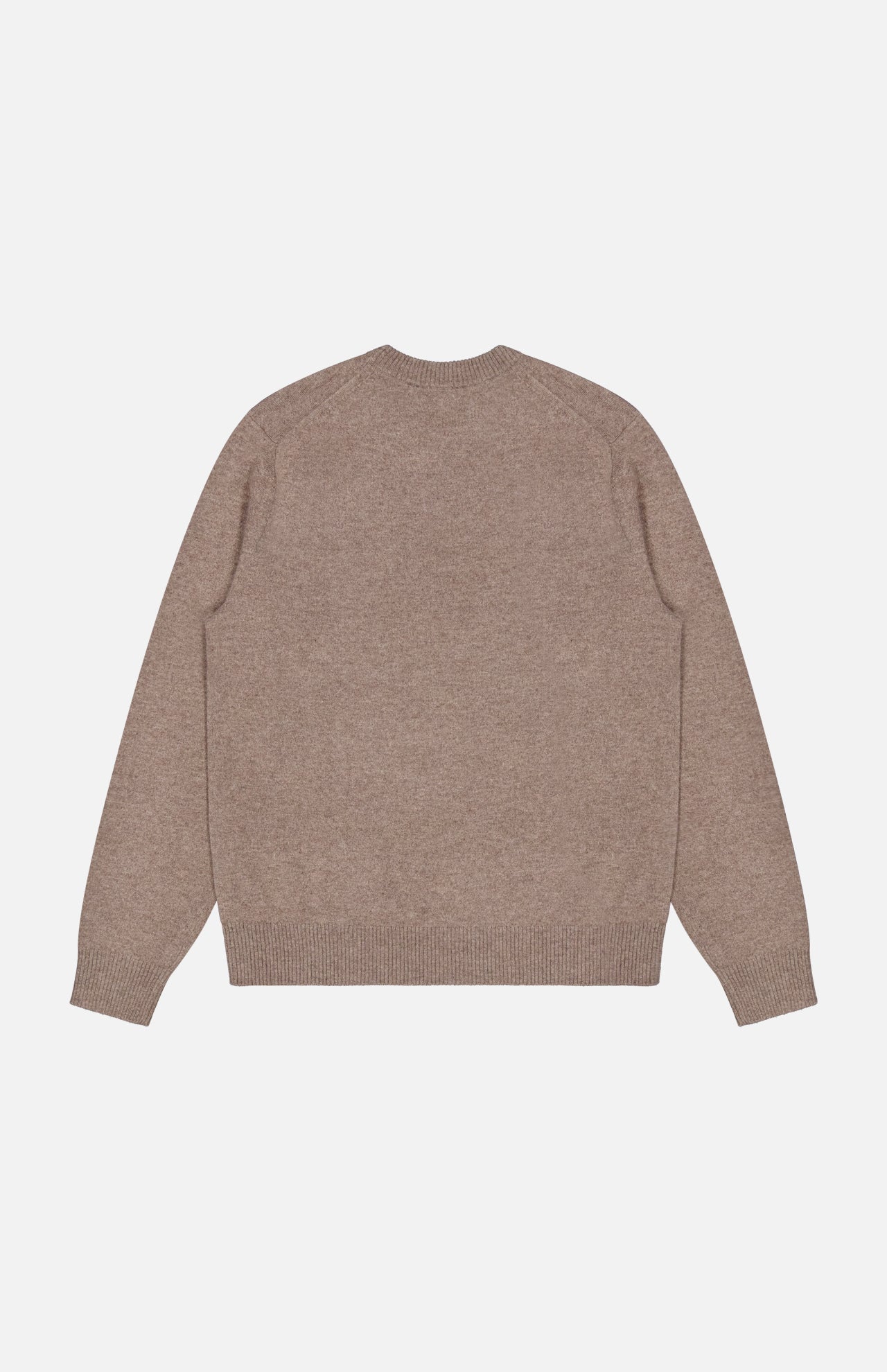 The Hilles Cashmere Crewneck Sweater by THEORY is displayed flat with the back facing up against a white background. This minimalist, long-sleeve sweater comes in a light brown hue and features a classic crew neckline, ribbed cuffs, and a ribbed hem.