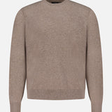 The THEORY Hilles Cashmere Crewneck Sweater is shown against a white background. This minimalist knit in light brown features long sleeves and ribbing at the cuffs, hem, and neckline, offering a clean and timeless look.