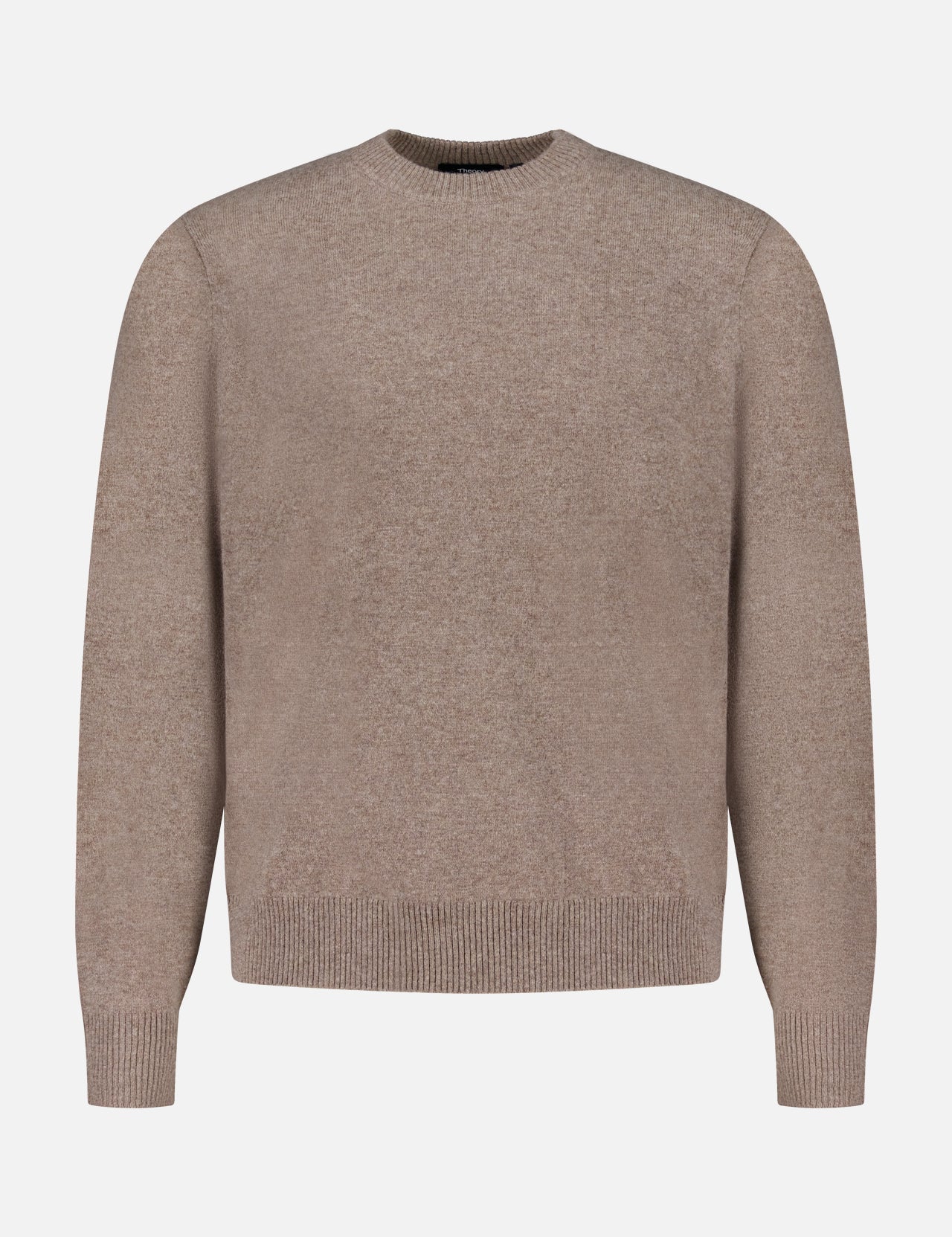 The THEORY Hilles Cashmere Crewneck Sweater is shown against a white background. This minimalist knit in light brown features long sleeves and ribbing at the cuffs, hem, and neckline, offering a clean and timeless look.