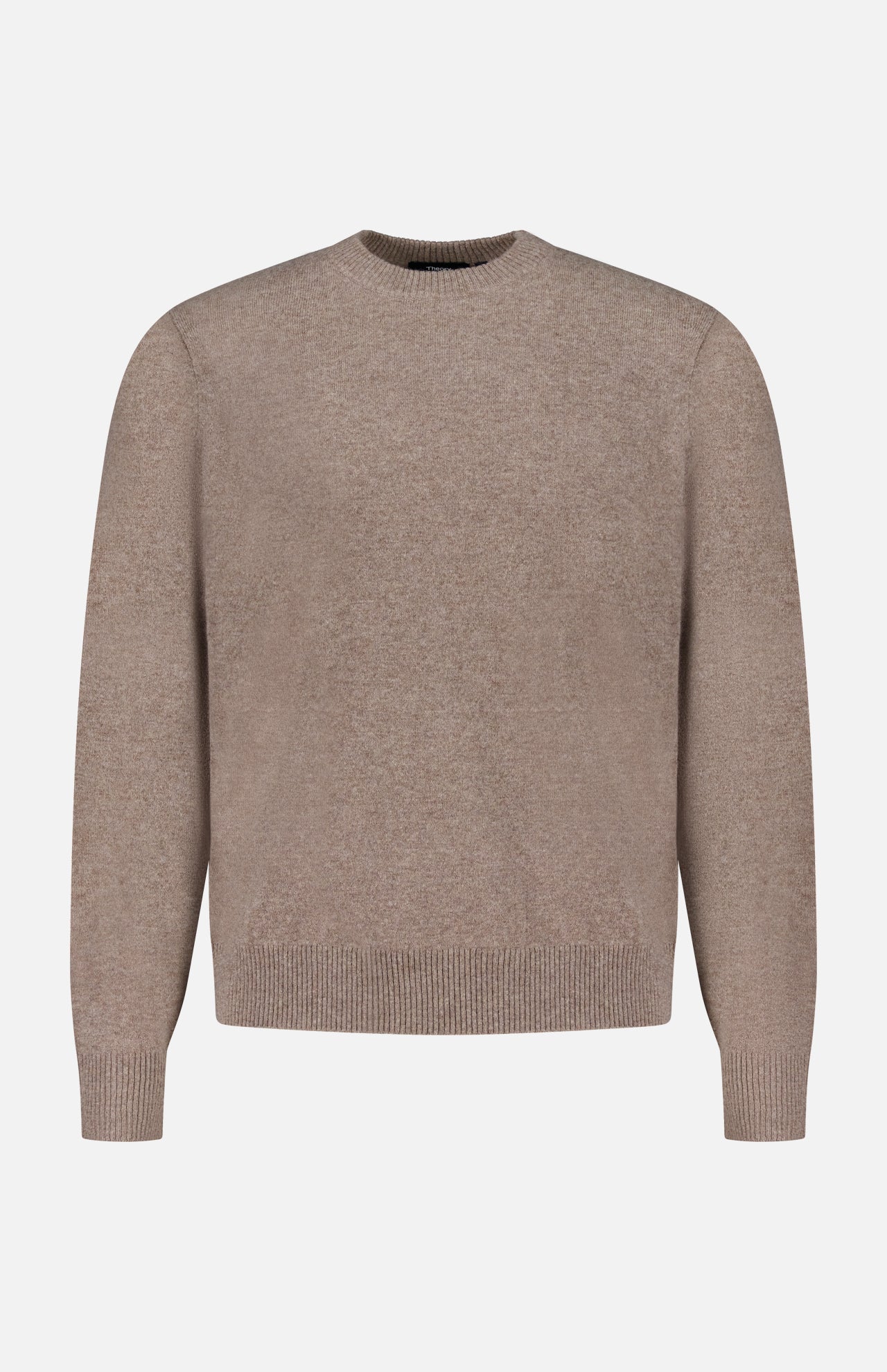 The THEORY Hilles Cashmere Crewneck Sweater is shown against a white background. This minimalist knit in light brown features long sleeves and ribbing at the cuffs, hem, and neckline, offering a clean and timeless look.