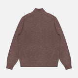 The Hilles Cashmere Quarter Zip Sweater by THEORY is displayed laid flat with the back facing up. This luxurious men’s brown pullover features a ribbed collar, cuffs, and hem for a classic touch, while its understated design exudes timeless elegance.