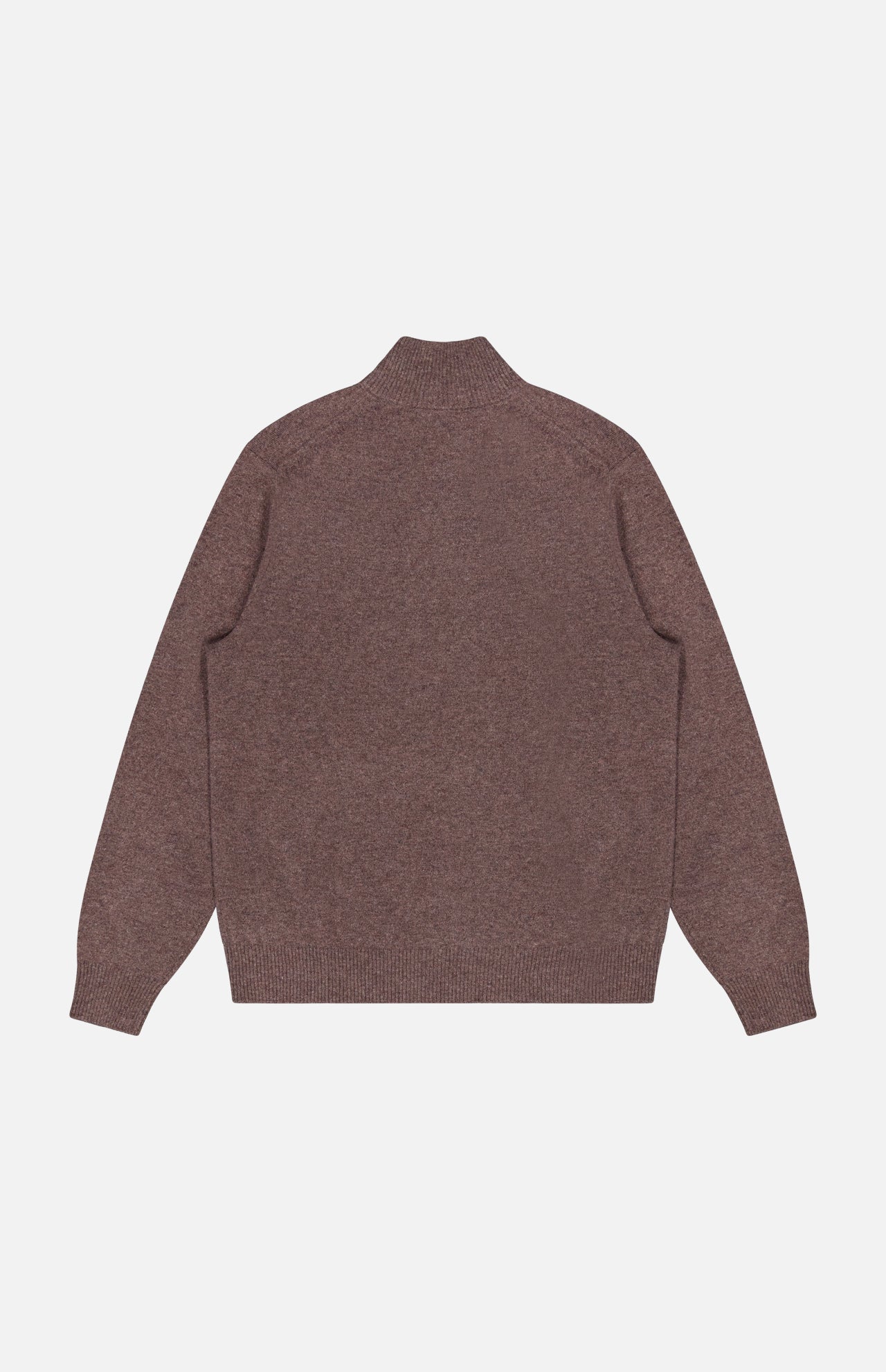 The Hilles Cashmere Quarter Zip Sweater by THEORY is displayed laid flat with the back facing up. This luxurious men’s brown pullover features a ribbed collar, cuffs, and hem for a classic touch, while its understated design exudes timeless elegance.