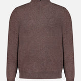 Introducing the Hilles Cashmere Quarter Zip Sweater by THEORY, a men’s brown pullover crafted from luxurious cashmere. This sweater features a sleek quarter-zip closure at the neckline, along with ribbed hem, cuffs, and collar. The cashmere quarter-zip sweater is displayed against a plain white background.