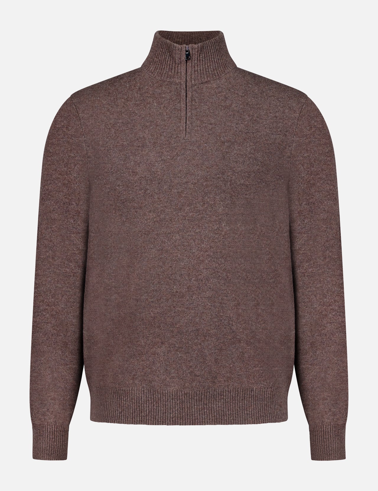 Introducing the Hilles Cashmere Quarter Zip Sweater by THEORY, a men’s brown pullover crafted from luxurious cashmere. This sweater features a sleek quarter-zip closure at the neckline, along with ribbed hem, cuffs, and collar. The cashmere quarter-zip sweater is displayed against a plain white background.