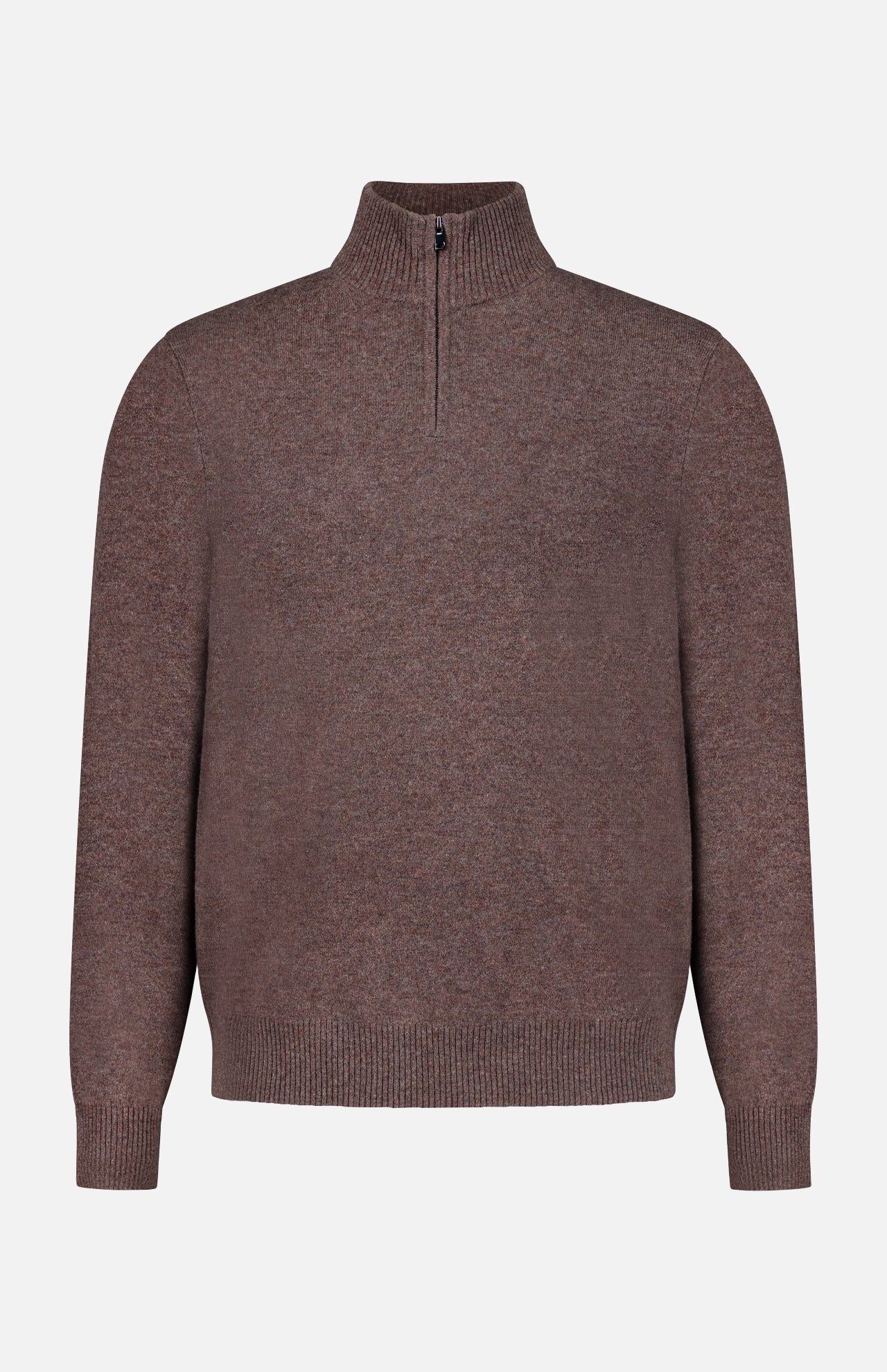 Introducing the Hilles Cashmere Quarter Zip Sweater by THEORY, a men’s brown pullover crafted from luxurious cashmere. This sweater features a sleek quarter-zip closure at the neckline, along with ribbed hem, cuffs, and collar. The cashmere quarter-zip sweater is displayed against a plain white background.