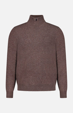 Introducing the Hilles Cashmere Quarter Zip Sweater by THEORY, a men’s brown pullover crafted from luxurious cashmere. This sweater features a sleek quarter-zip closure at the neckline, along with ribbed hem, cuffs, and collar. The cashmere quarter-zip sweater is displayed against a plain white background.