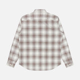 The Irving Faded Plaid Shirt by THEORY is a relaxed fit, long-sleeve button-up featuring a brown and white plaid pattern, shown from the back against a plain white background.