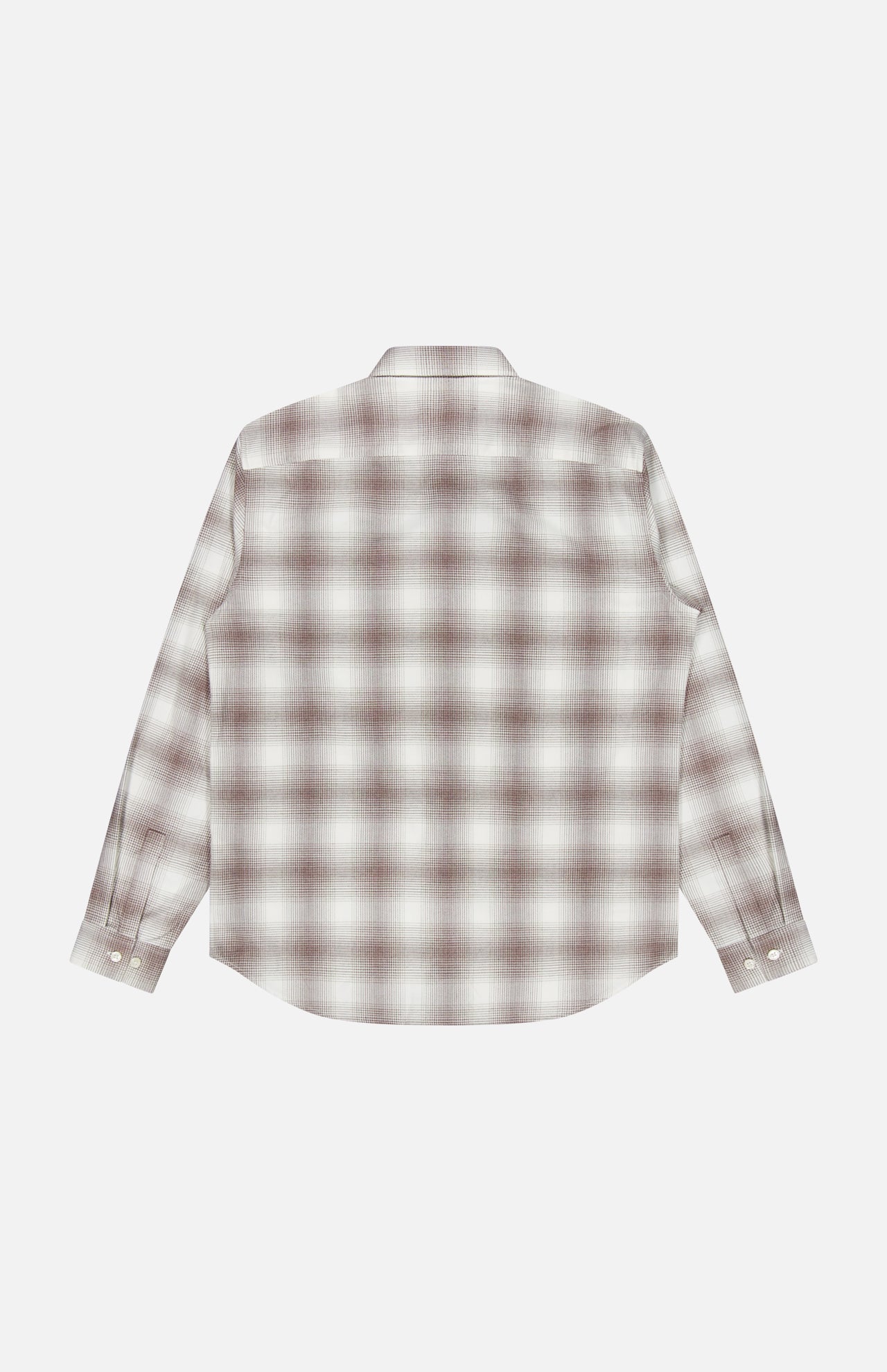 The Irving Faded Plaid Shirt by THEORY is a relaxed fit, long-sleeve button-up featuring a brown and white plaid pattern, shown from the back against a plain white background.
