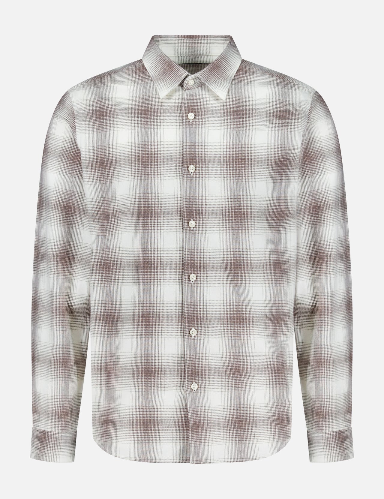 The THEORY Irving Faded Plaid Shirt is a long-sleeve, button-up vintage cotton shirt featuring a brown and white plaid pattern, a classic collar, and white buttons, displayed on a plain white background.