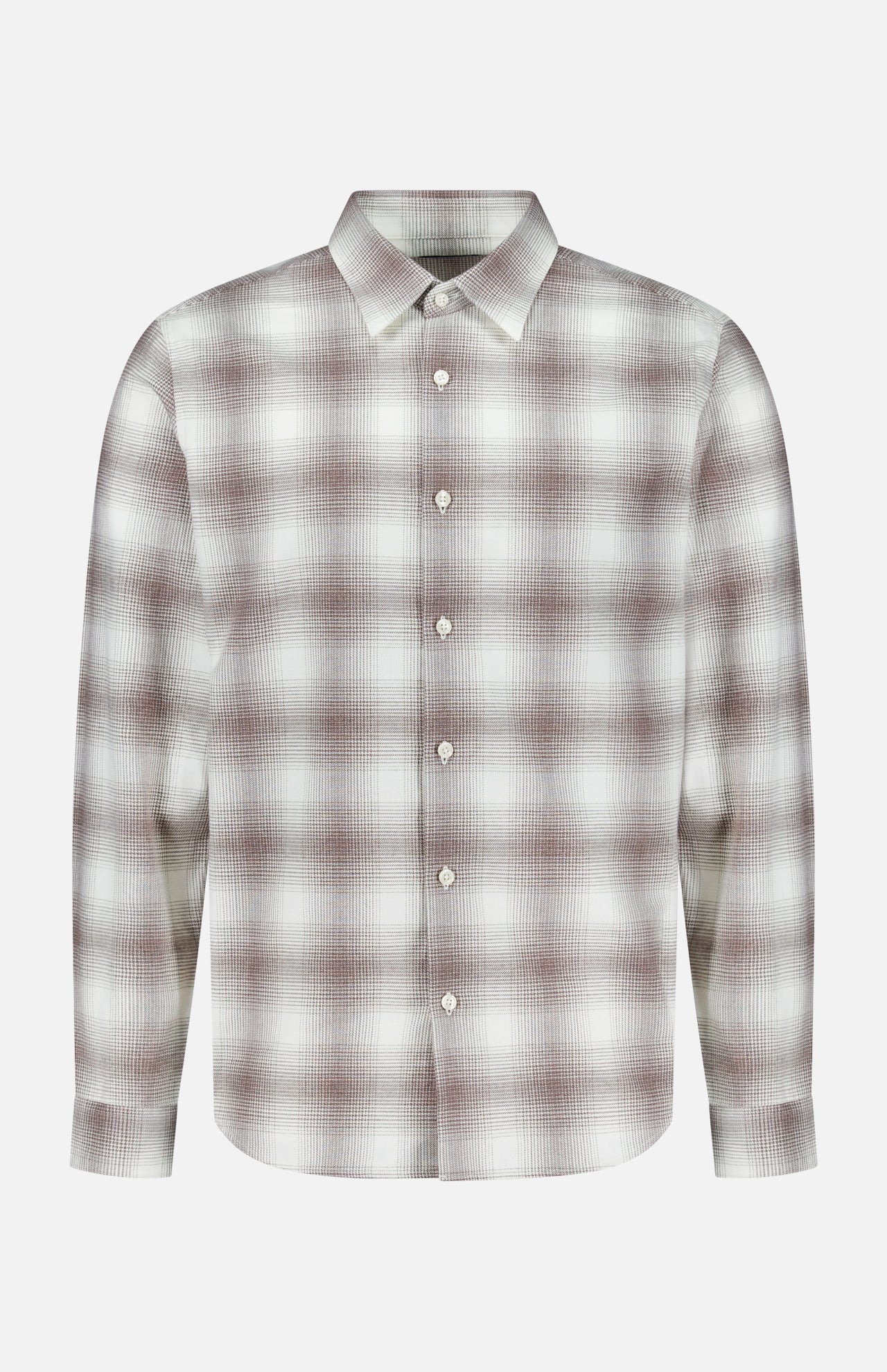 The THEORY Irving Faded Plaid Shirt is a long-sleeve, button-up vintage cotton shirt featuring a brown and white plaid pattern, a classic collar, and white buttons, displayed on a plain white background.
