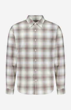 The THEORY Irving Faded Plaid Shirt is a long-sleeve, button-up vintage cotton shirt featuring a brown and white plaid pattern, a classic collar, and white buttons, displayed on a plain white background.