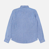 The THEORY Irving Relaxed Linen Shirt features a relaxed fit and light blue fabric with white vertical stripes and a spread collar, displayed from the back against a plain white background.