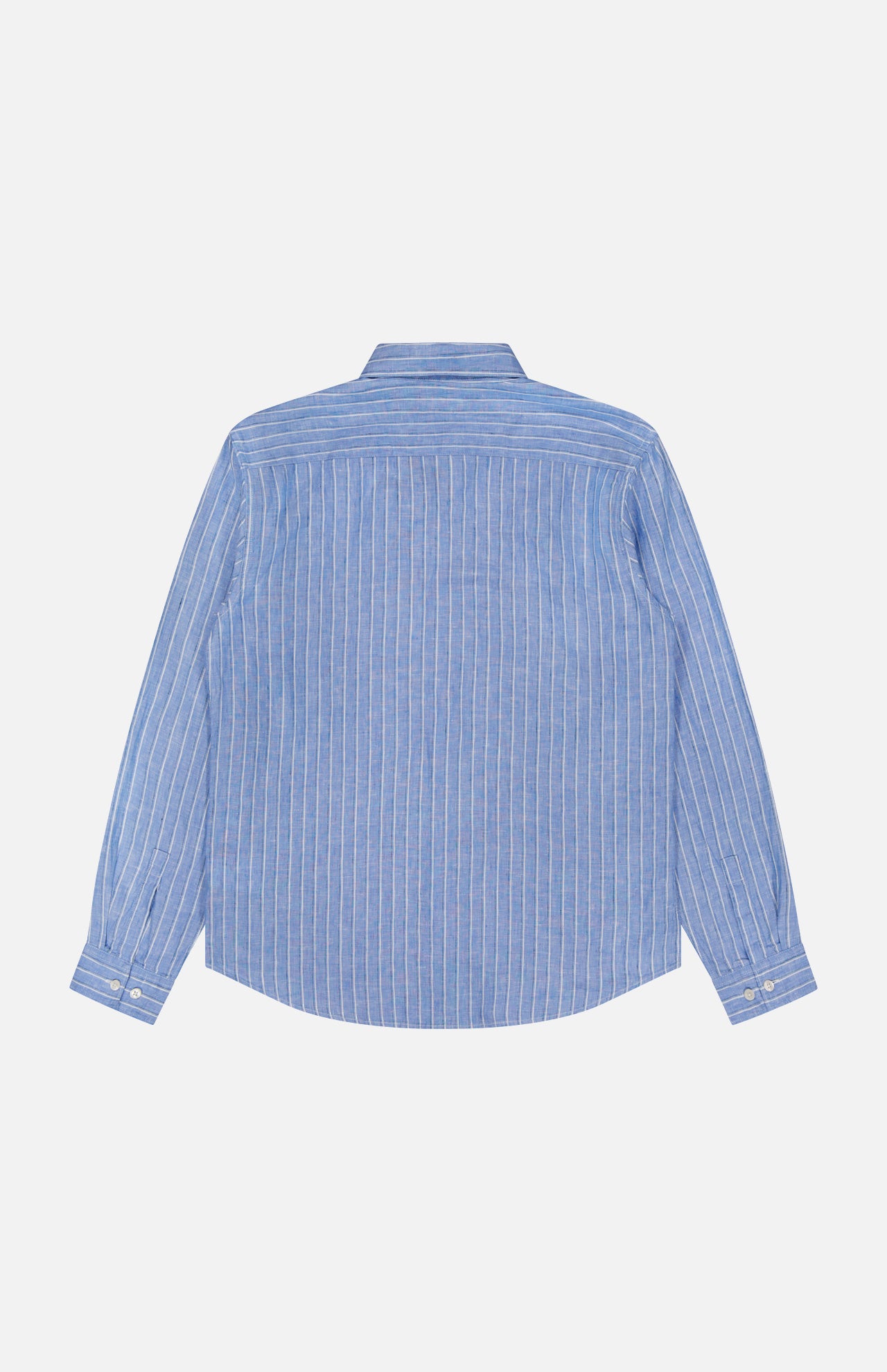 The THEORY Irving Relaxed Linen Shirt features a relaxed fit and light blue fabric with white vertical stripes and a spread collar, displayed from the back against a plain white background.