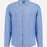 The THEORY Irving Relaxed Linen Shirt features a relaxed fit, long sleeves, a spread collar, and light blue fabric with vertical white stripes, displayed on a plain white background.