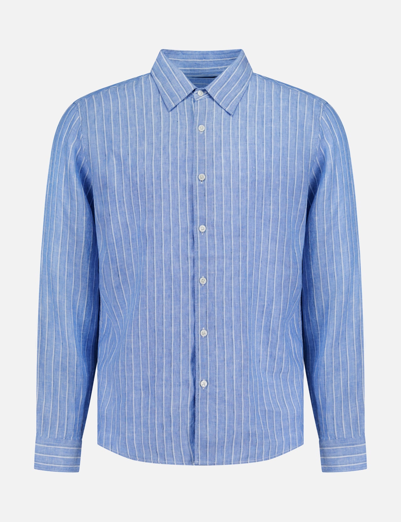The THEORY Irving Relaxed Linen Shirt features a relaxed fit, long sleeves, a spread collar, and light blue fabric with vertical white stripes, displayed on a plain white background.