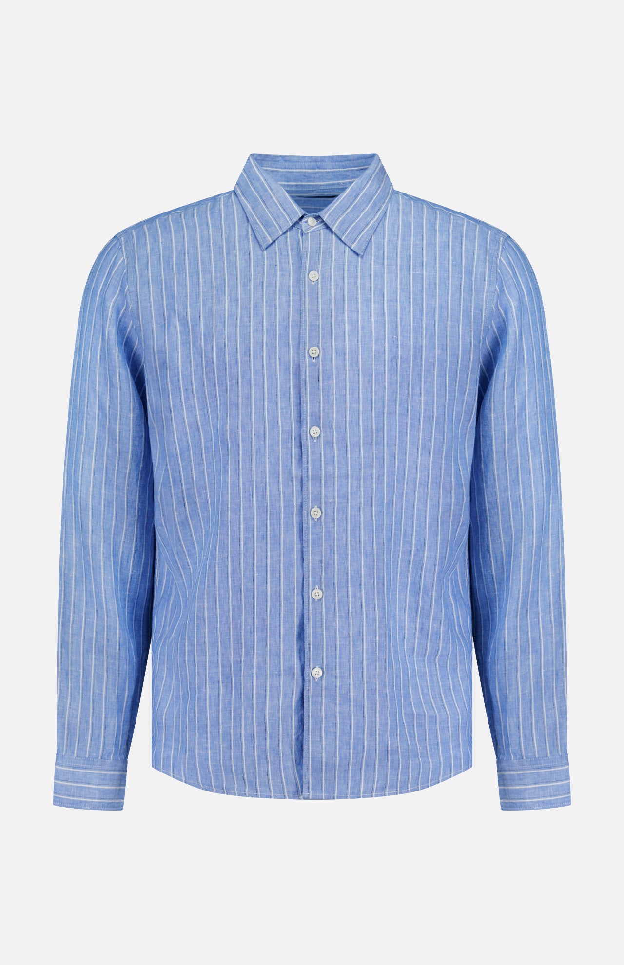 The THEORY Irving Relaxed Linen Shirt features a relaxed fit, long sleeves, a spread collar, and light blue fabric with vertical white stripes, displayed on a plain white background.