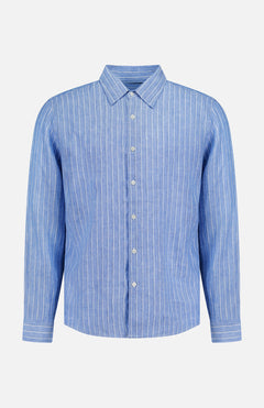 The THEORY Irving Relaxed Linen Shirt features a relaxed fit, long sleeves, a spread collar, and light blue fabric with vertical white stripes, displayed on a plain white background.