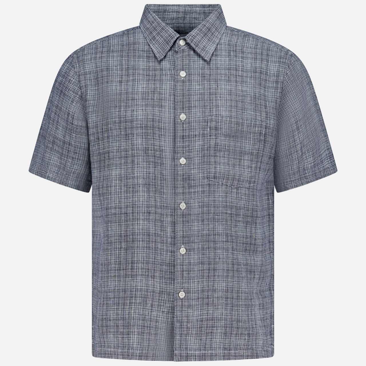 The THEORY Irving Short Sleeve Relaxed Shirt features a blue and gray plaid pattern, classic collar, white buttons, and a relaxed fit, shown on a plain white background.