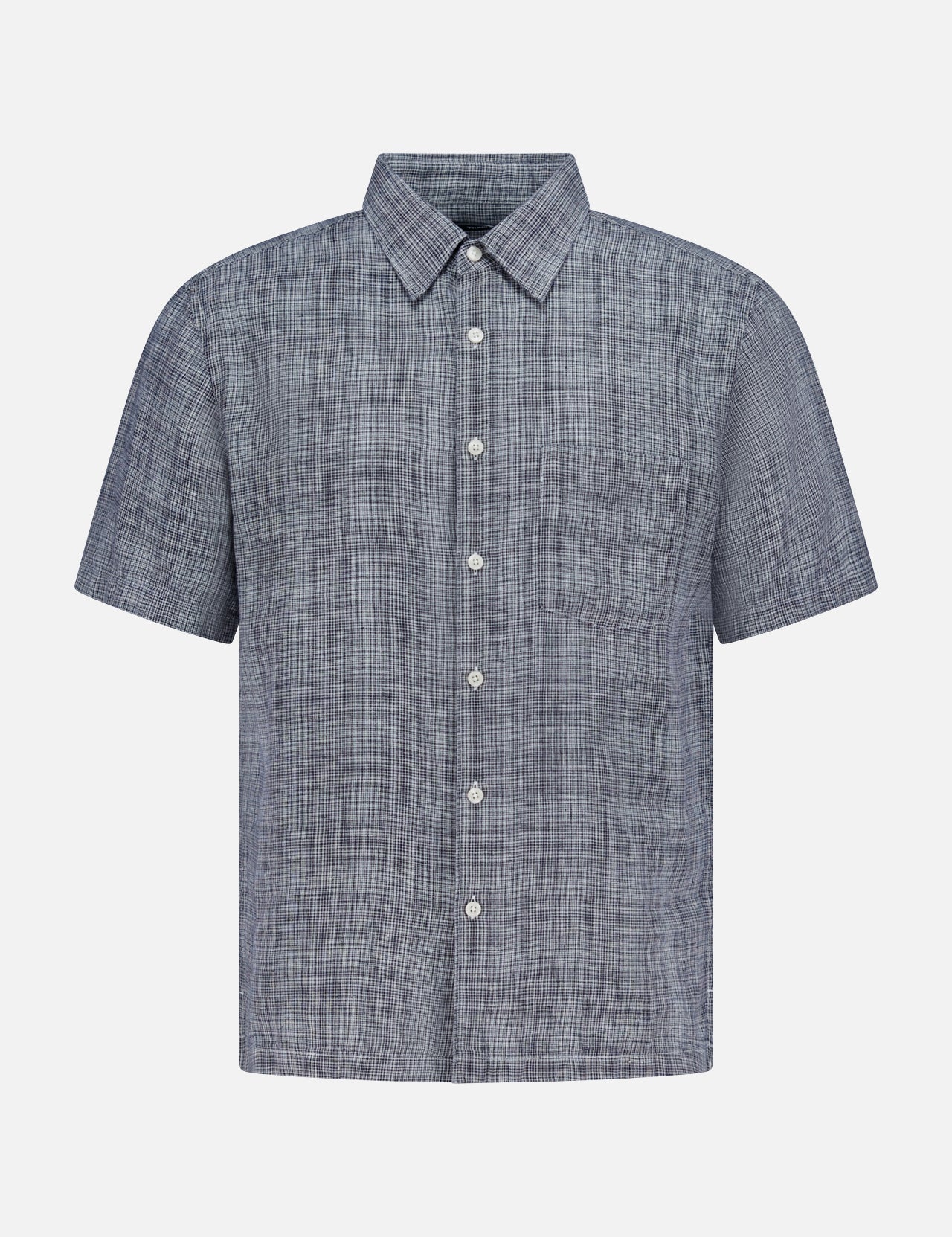 The THEORY Irving Short Sleeve Relaxed Shirt features a blue and gray plaid pattern, classic collar, white buttons, and a relaxed fit, shown on a plain white background.
