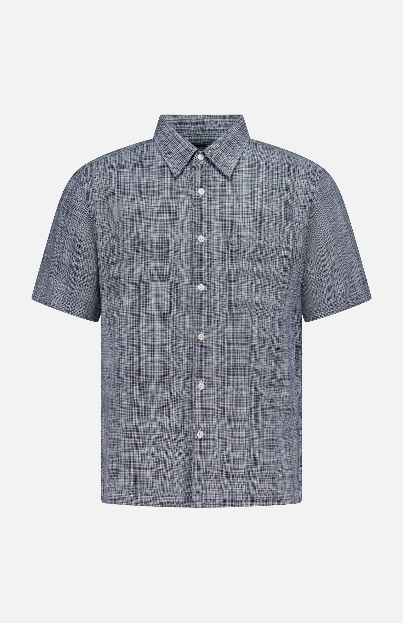 The THEORY Irving Short Sleeve Relaxed Shirt features a blue and gray plaid pattern, classic collar, white buttons, and a relaxed fit, shown on a plain white background.