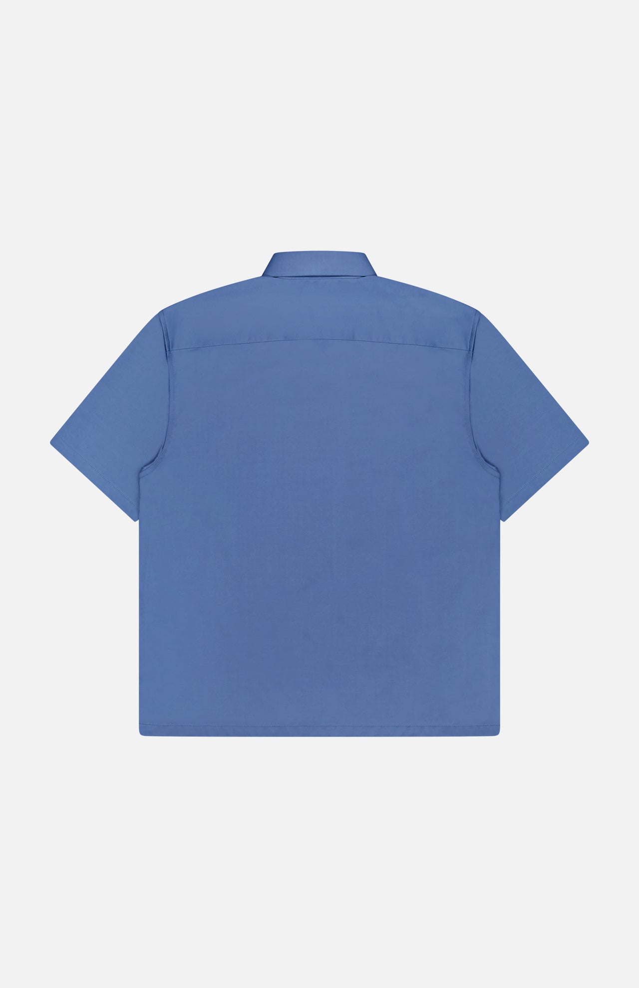 THEORY's Irving Short Sleeve Structure Shirt in cornflower blue, shown flat from the back, features a classic collar, straight hem, and short sleeves.