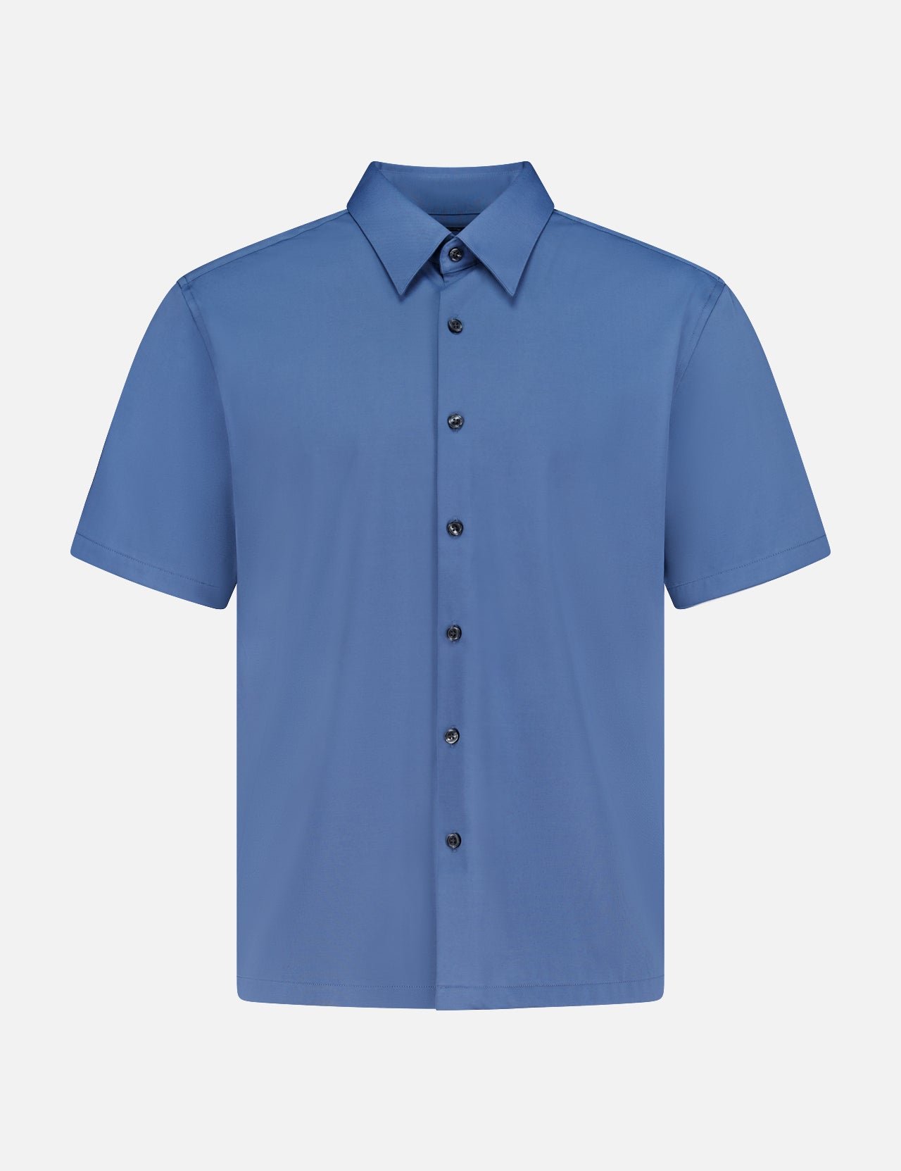 The THEORY Irving Short Sleeve Structure Shirt is a wrinkle-free, solid cornflower blue button-up with a classic collar and dark front buttons, shown on a plain white background.