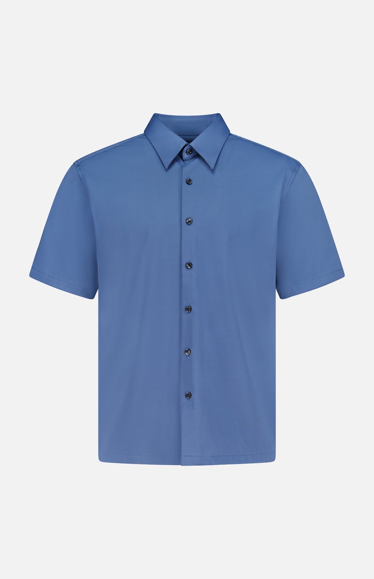 The THEORY Irving Short Sleeve Structure Shirt is a wrinkle-free, solid cornflower blue button-up with a classic collar and dark front buttons, shown on a plain white background.