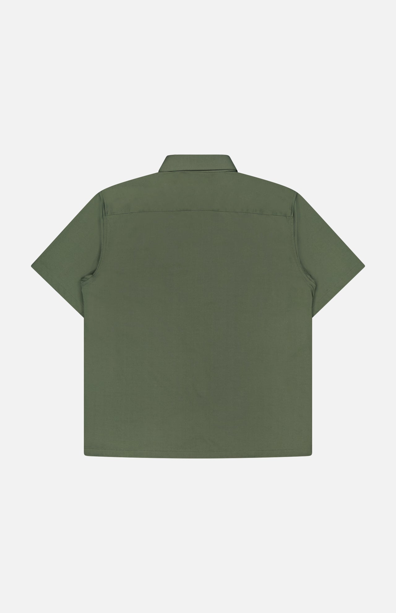 Back view of the THEORY Irving Short Sleeve Structure Shirt, featuring a wrinkle-free green fabric, straight hem, and classic collar, shown against a plain white background.